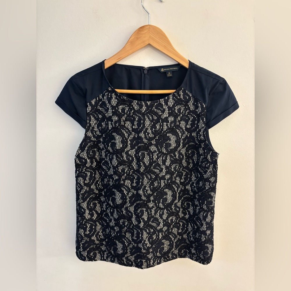 Brooks Brothers Navy & White Lace Overlay Gingham Short sleeved Blouse, Size 10